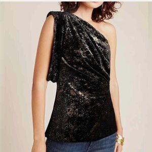 NWT- Anthro Eva Franco Black and Gold One-Shoulder Velvet Top